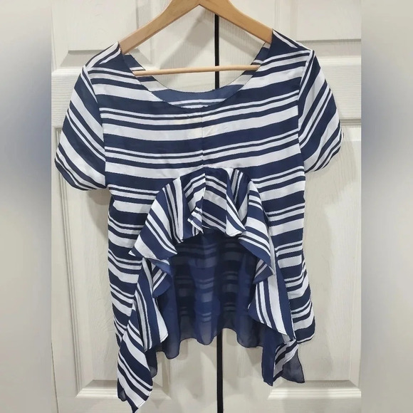 Anthropologie Maeve Stripe Apropos Top M Drapey Sides Pinked Edges Fluttery Hem - Picture 3 of 8